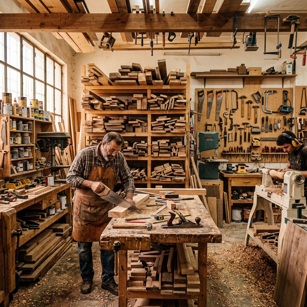 Two men working in a woodshop with hand and power tools